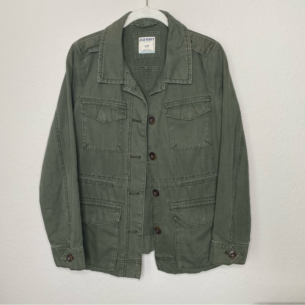 Old Navy Green Utility Jacket with drawstrings to cinch the waist